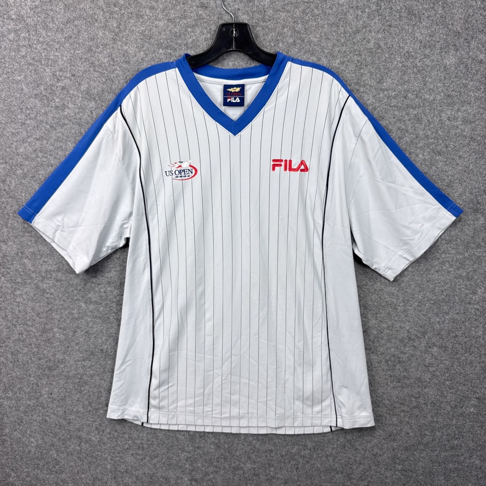 Fila US Open 2004 Tennis Jersey Large White Blue Pinstripe Tactel Nylon USA Made